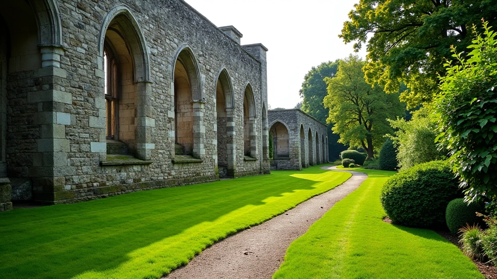 Historic stone abbey ruins surrounded by manicured gardens and green pathways
