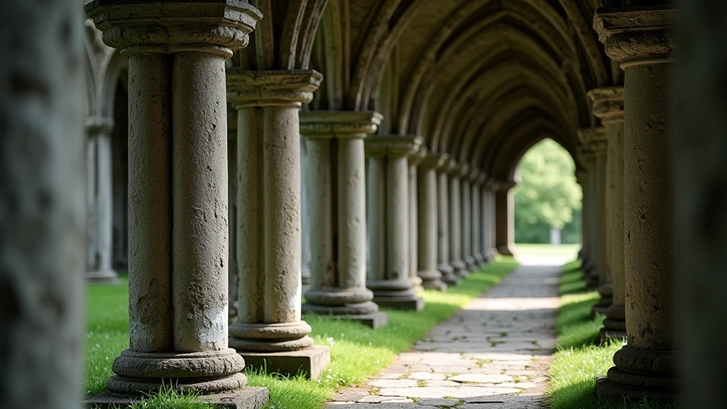 Detail of restored stone cloister columns showing medieval craftsmanship