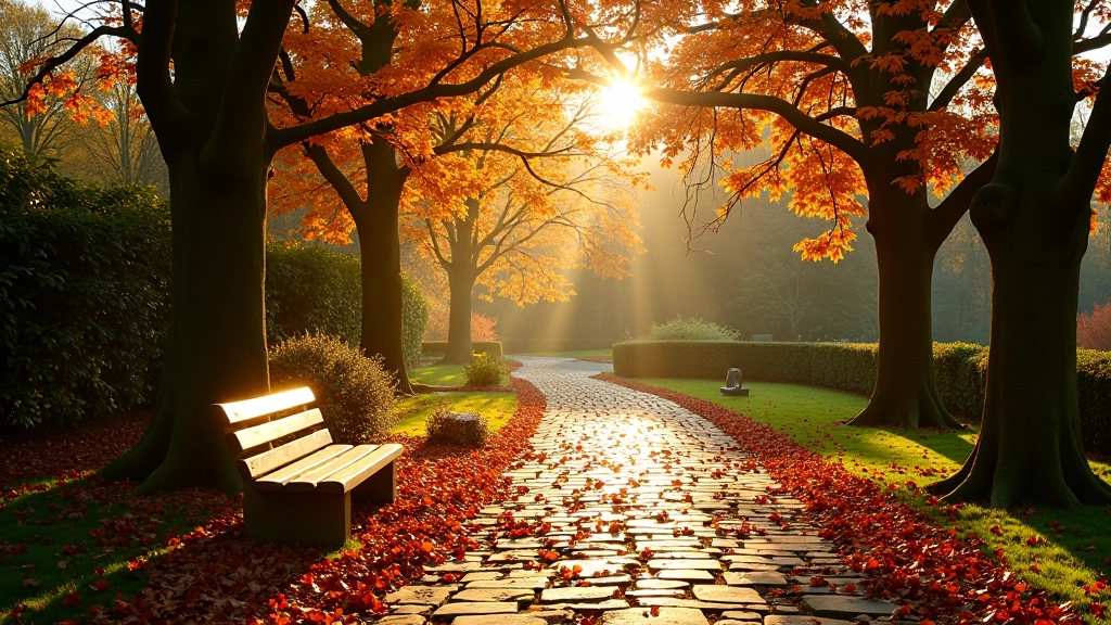Autumn garden with golden light filtering through trees, fallen leaves on stone pathways, muted orange and brown foliage, empty benches and peaceful walkways