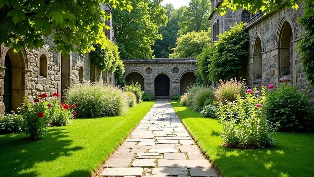 Serene abbey garden with stone pathways and flowering borders