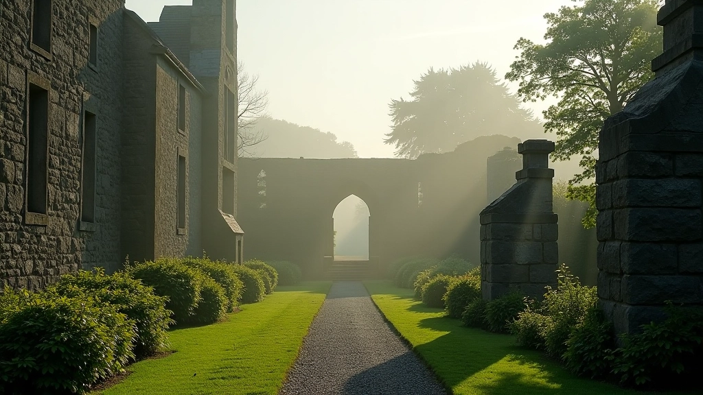 Ancient abbey ruins surrounded by lush heritage gardens with stone pathways