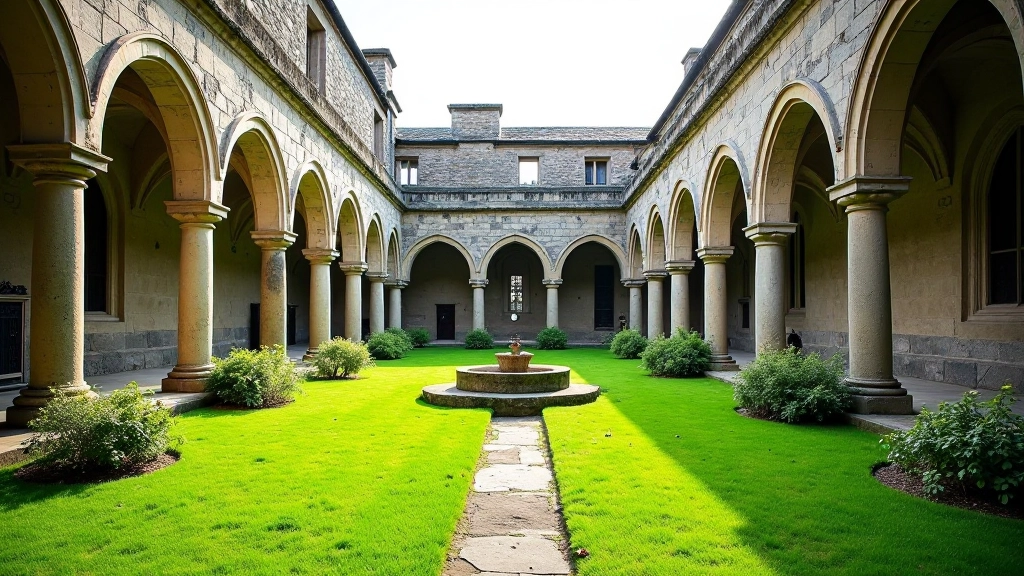 Restored cloister courtyard with stone arches and manicured garden center