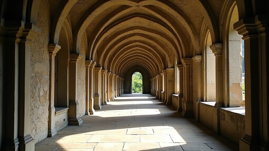 Weathered stone archways and columns in the restored Jerpoint Abbey cloister walkway