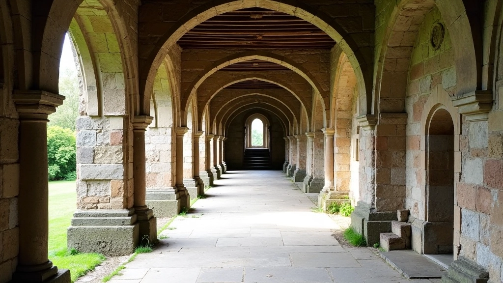 Historic Jerpoint Abbey cloisters showing restored stone architecture and peaceful courtyard