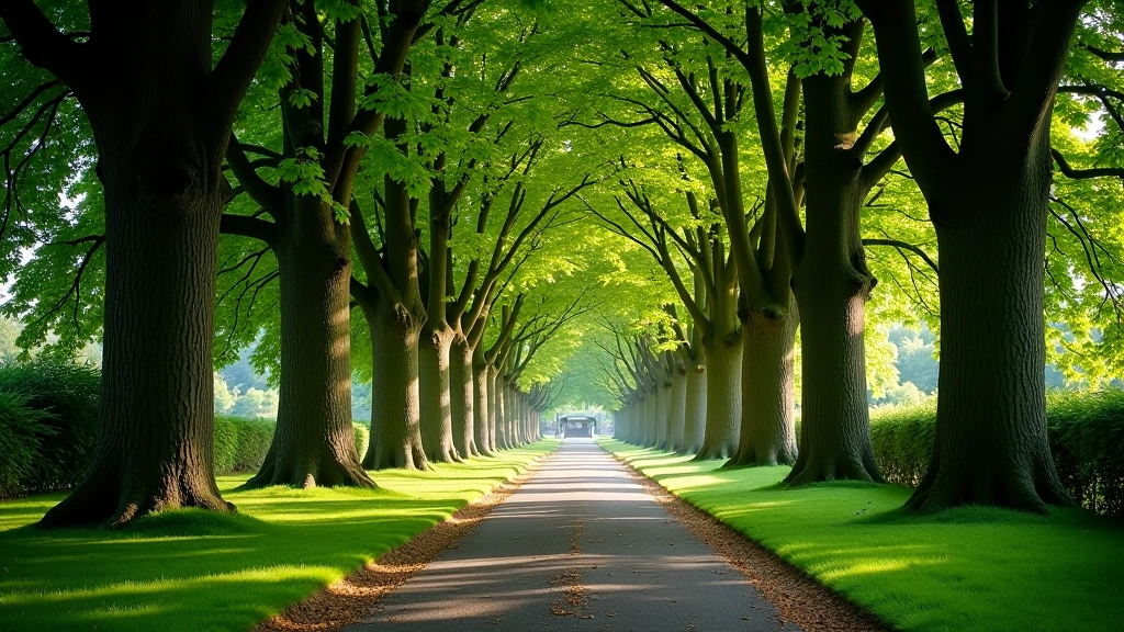 Mature trees providing shade along the riverside path in autumn light