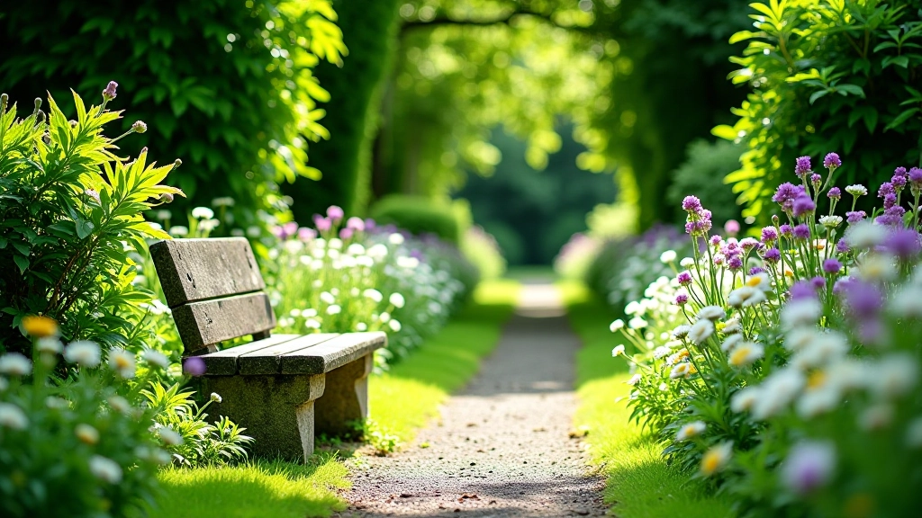 Summer garden scene with mature green foliage, white bench seating among flowering borders, dappled sunlight through mature trees
