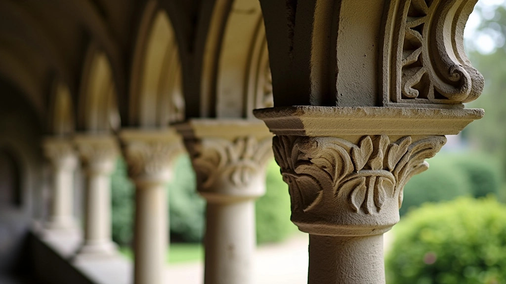 Close-up of medieval stone arches and carved capitals in the Jerpoint Abbey cloisters
