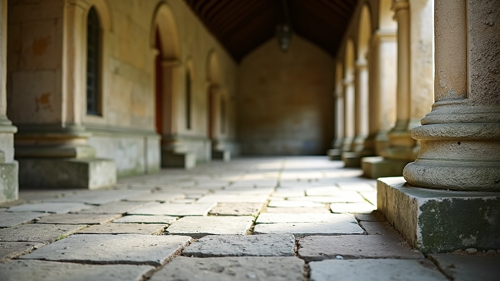 Detailed view of stone floor and architectural details in the Jerpoint Abbey cloisters