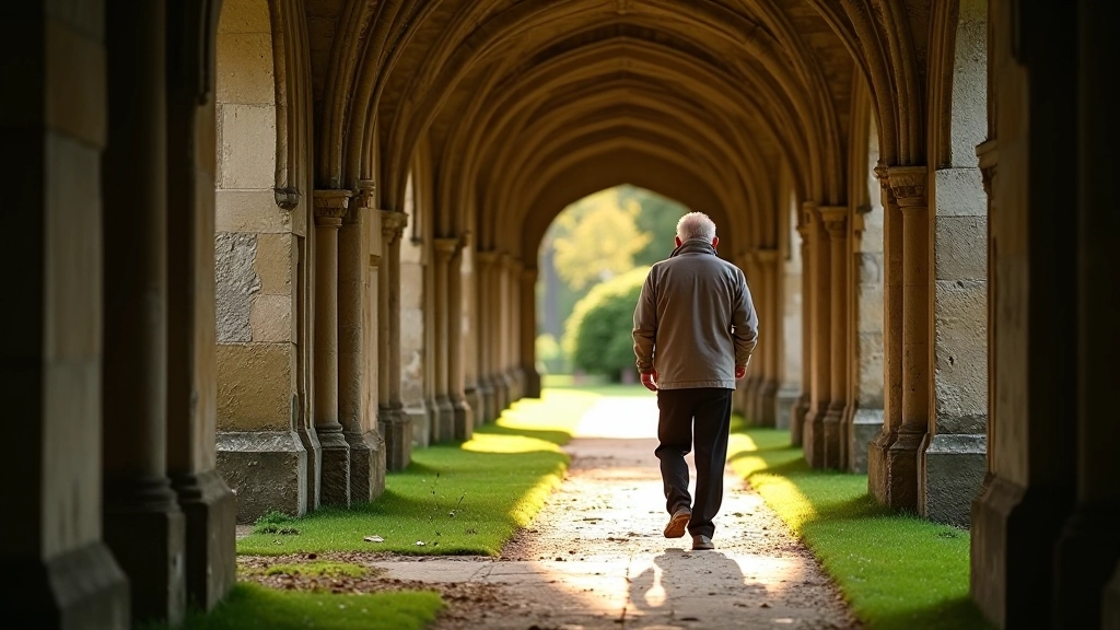 Visitor walking through the cloister walkway at Jerpoint Abbey, experiencing the medieval architecture firsthand