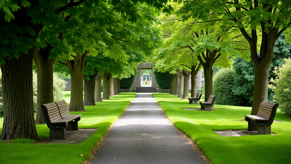 Peaceful garden rest area with comfortable seating surrounded by mature trees and historical stonework, inviting people to pause and relax