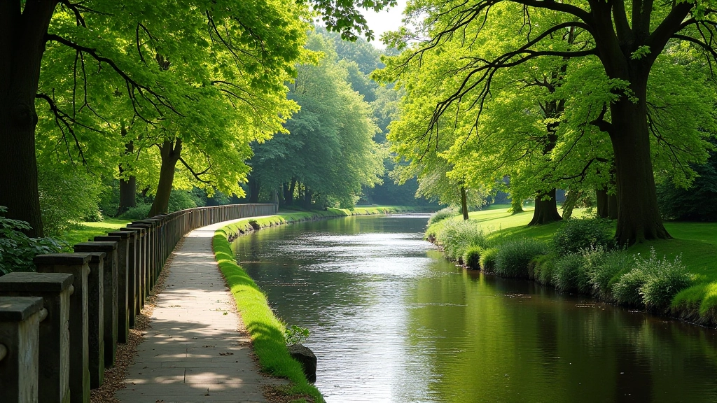 Riverside walking path with water views and stone railings