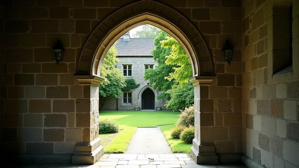 Restored cloister arches with manicured garden courtyard