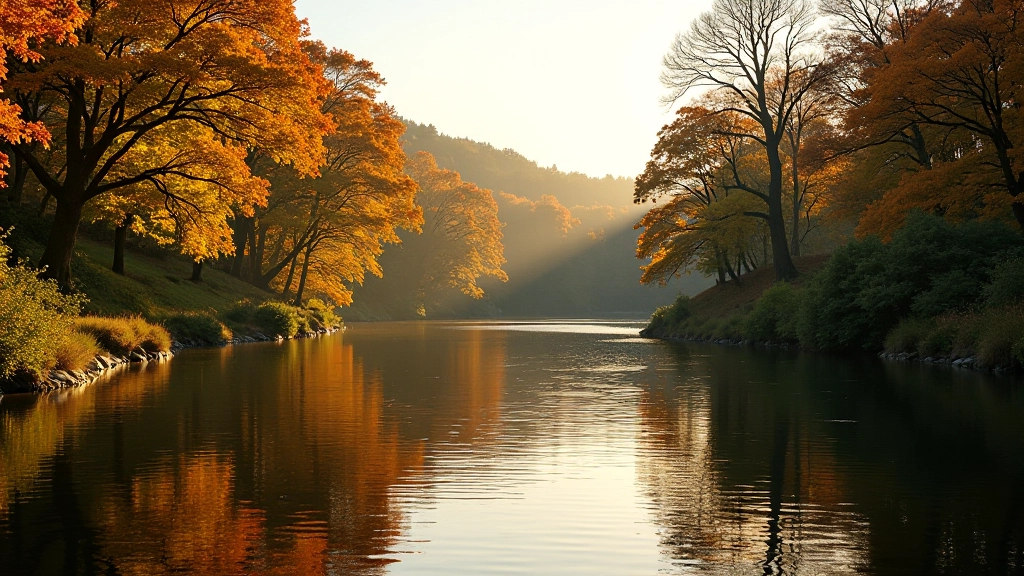 Autumn-colored trees reflecting in calm river water with golden evening light