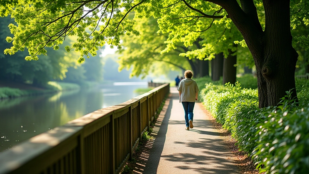 Riverside path with wooden railings and native trees creating natural corridor