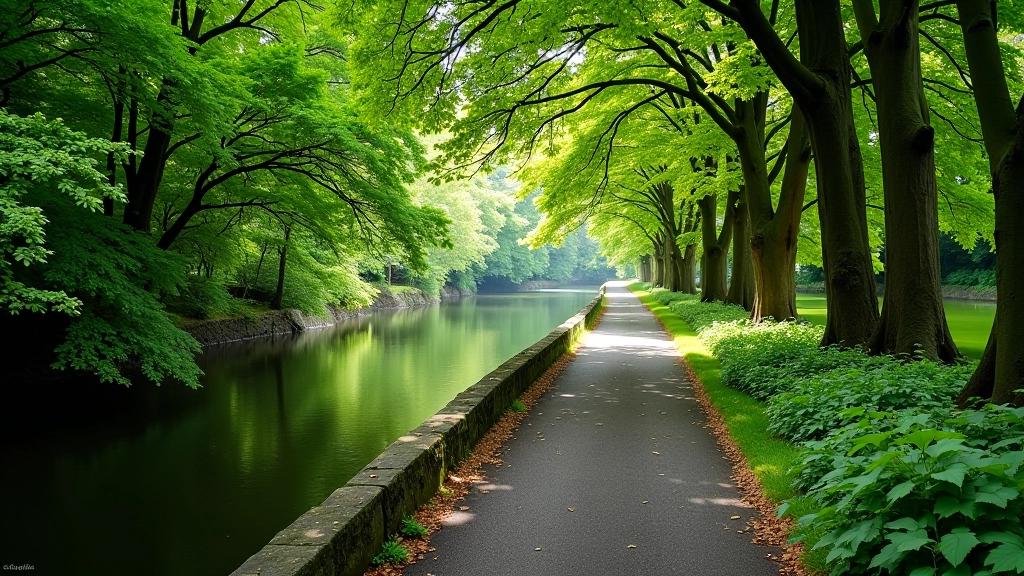 Riverside walking path with water visible through trees and stone railings