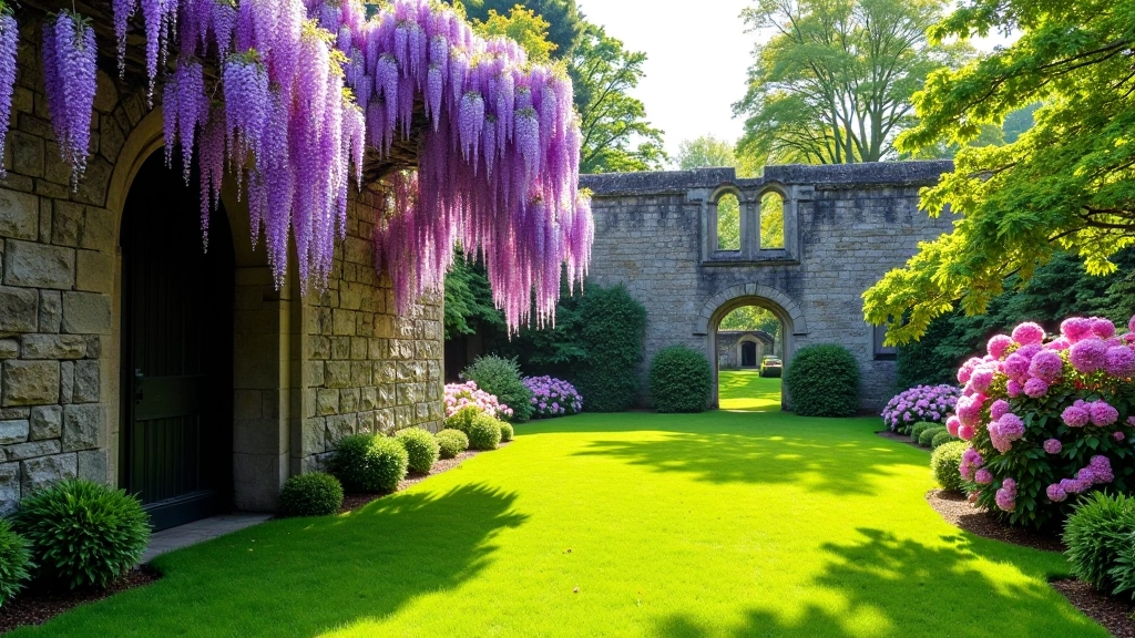 Spring garden at Jerpoint Abbey with purple wisteria blooms cascading over stone walls and pink rhododendrons in full flower