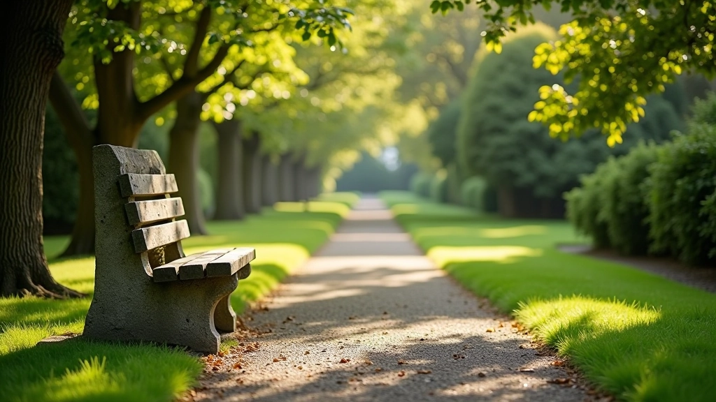 Stone benches placed along a peaceful garden pathway with hedges on either side and soft afternoon light