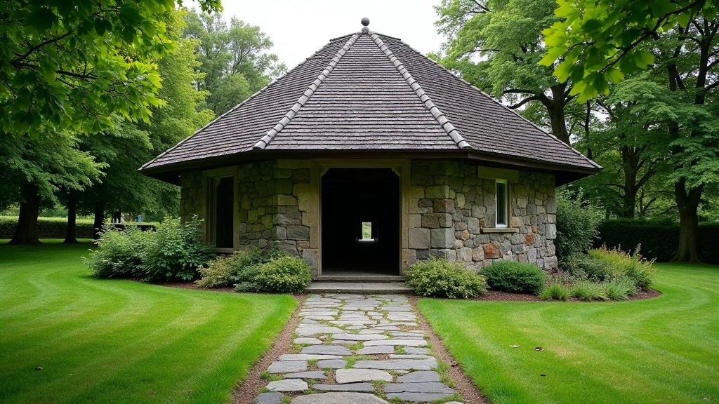 A traditional roofed shelter structure in a garden area providing weather protection, with open sides allowing views