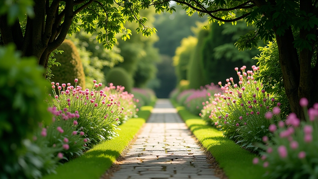 Peaceful garden pathway lined with flowering shrubs and stone walkway