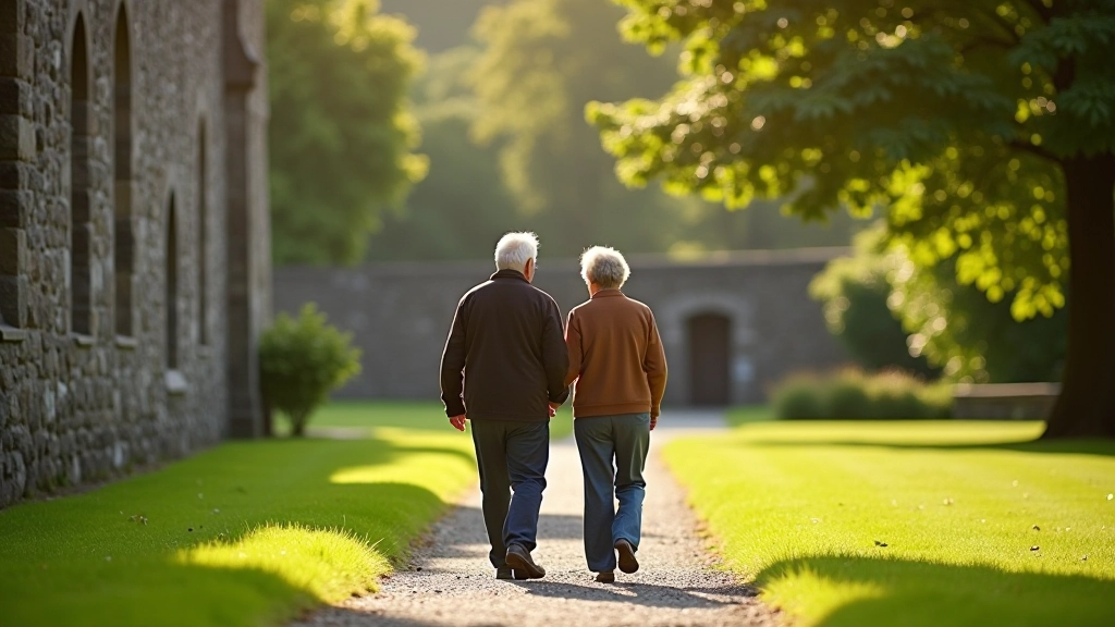 Retirees enjoying a leisurely walk through the abbey gardens on a sunny day