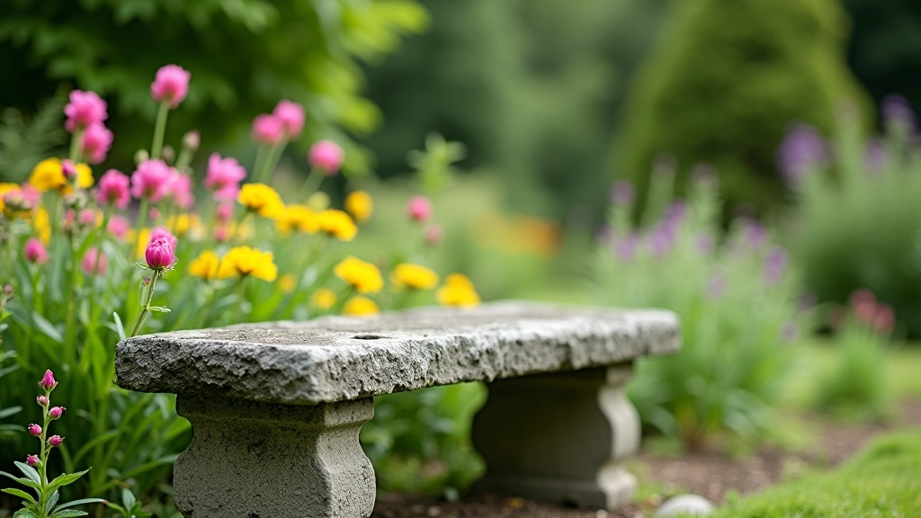 Close-up of stone bench in garden setting with flowers blooming nearby