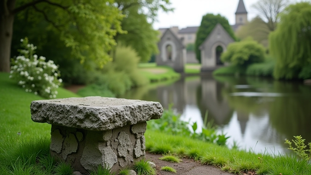 Weathered stone bench overlooking the river with abbey ruins visible in distance