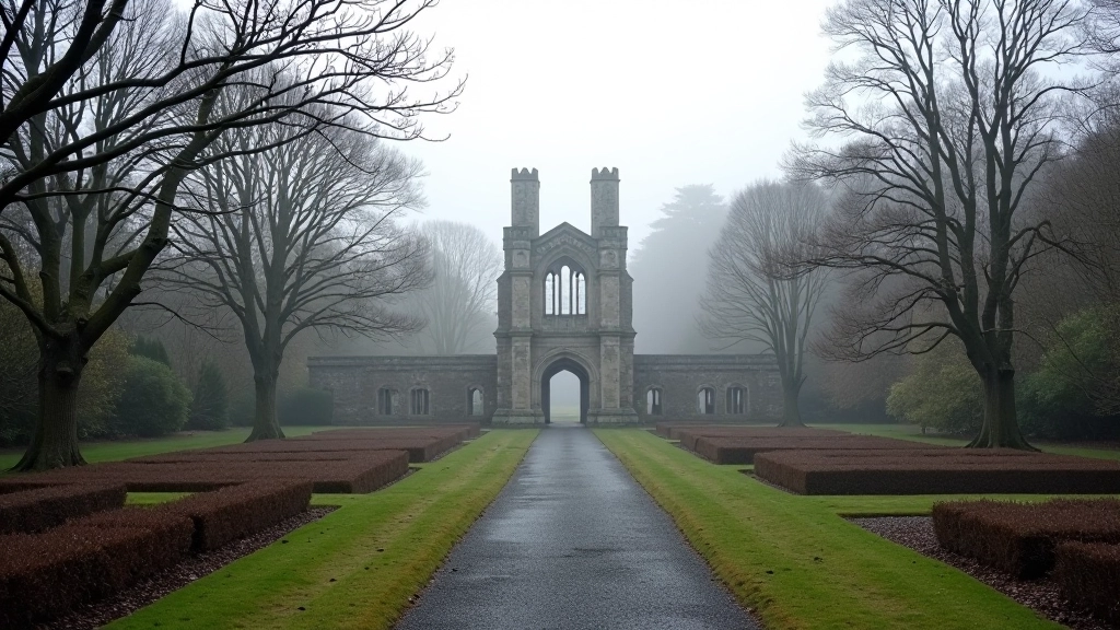 Winter garden scene with bare trees and dormant plants, weathered stone structures visible without foliage, misty morning light, quiet solitude